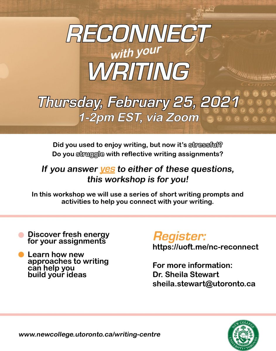 Flyer describing Reconnect with your Writing event, including description, logistics, and registration information