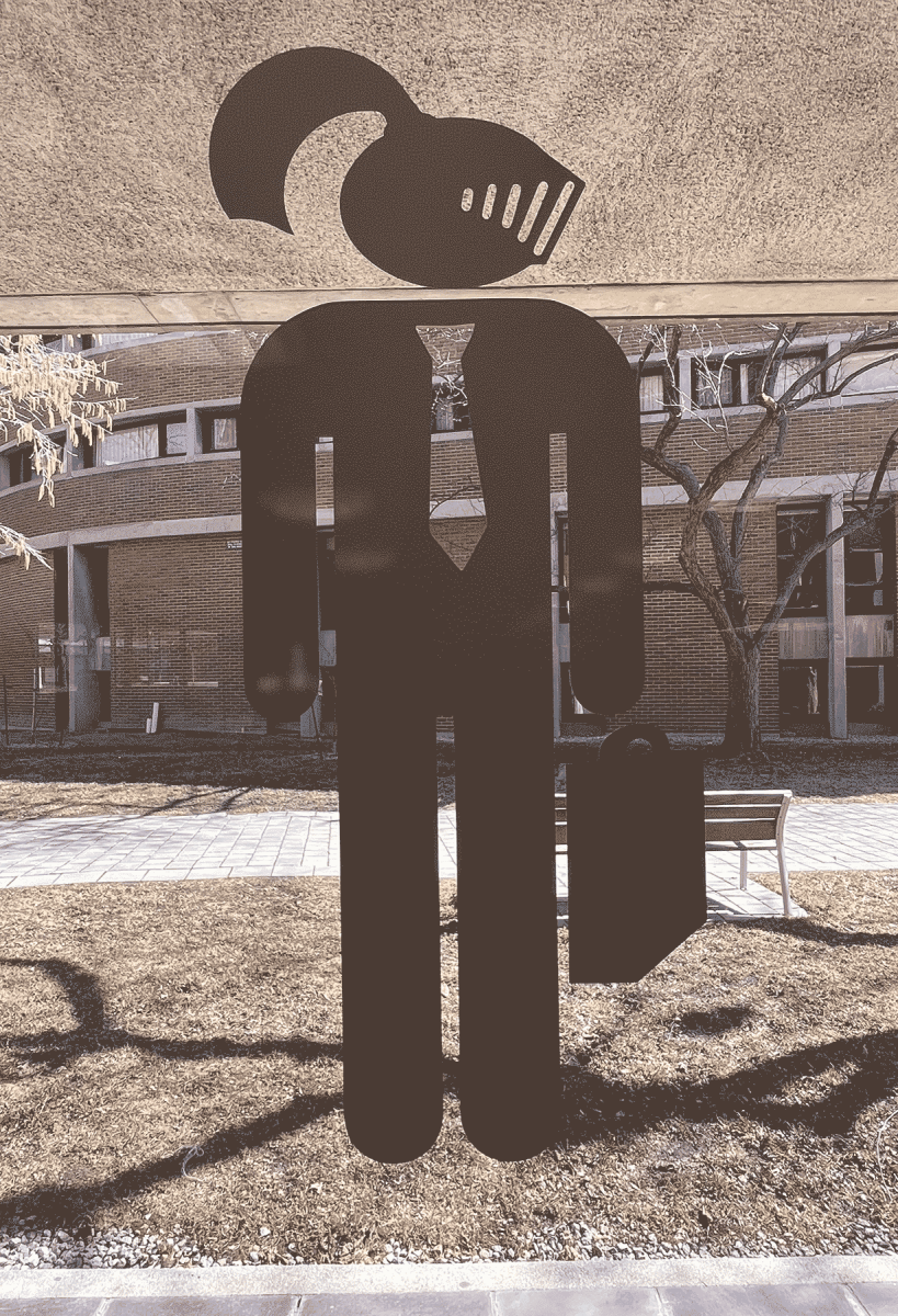 a human figure wearing a business suit and a briefcase. their head is covered by a knight helmet